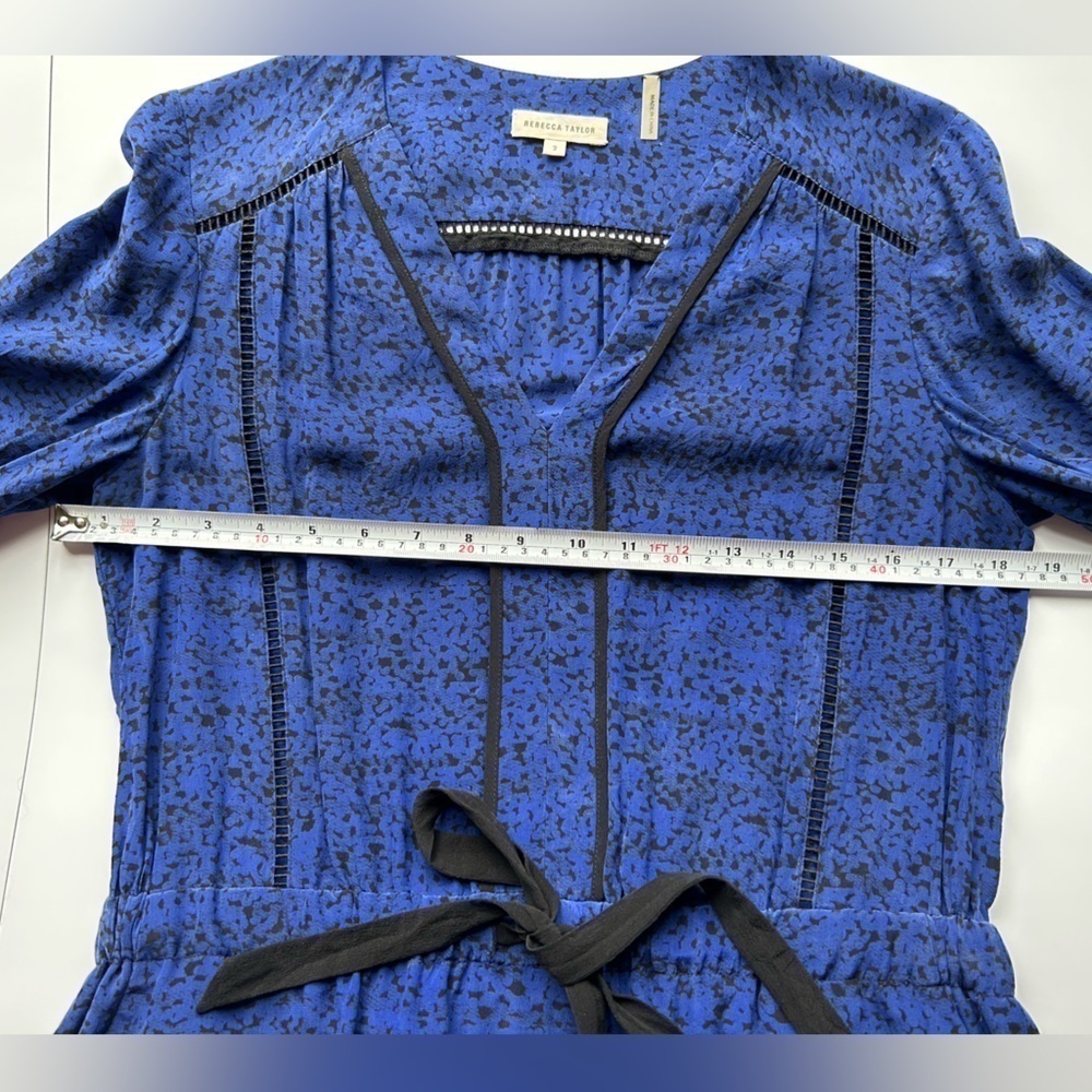 Rebecca Taylor silk  Long Sleeve blue black Print Dress with  belt - Picture 4 of 9